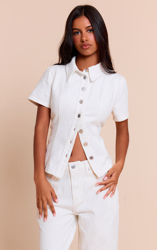 Petite White Denim Button Up Short Sleeve Shirt