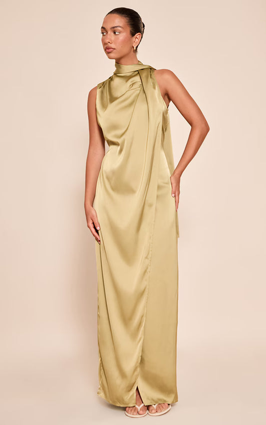 Olive Satin Scarf Detail Maxi Dress