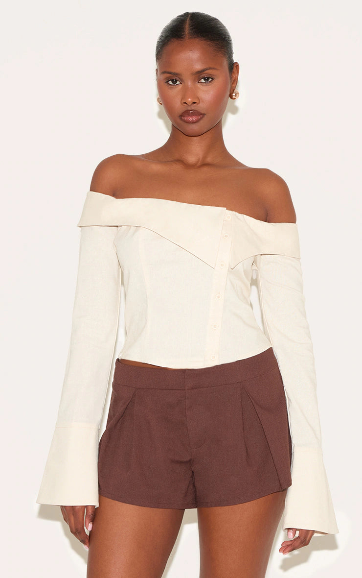 Butter Yellow Linen Blend Bardot Button Up Shirt