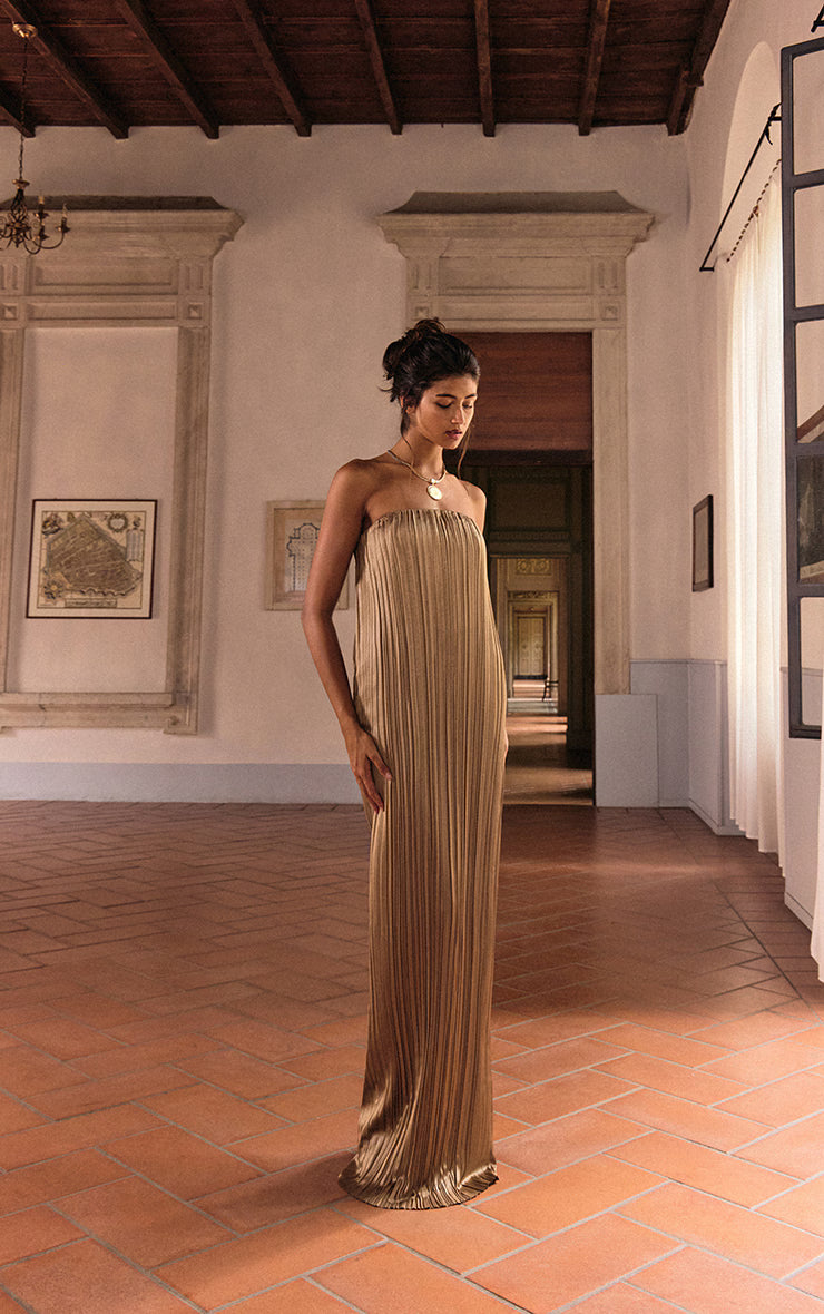 PLT Label Gold Plisse Satin Column Bandeau Maxi Dress