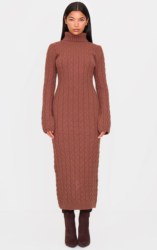 Cappuccino Chunky Cable Knit Roll Neck Maxi Sweater Dress