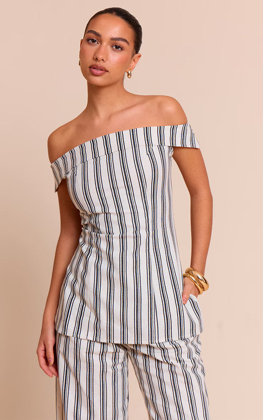 Natural Textured Stripe Fold Over Bardot Long Top