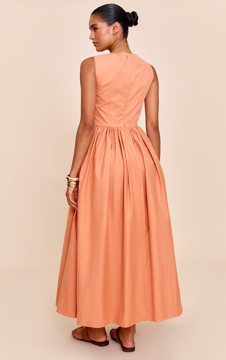 Rust Cotton Poplin Ruched Bust Midaxi Dress