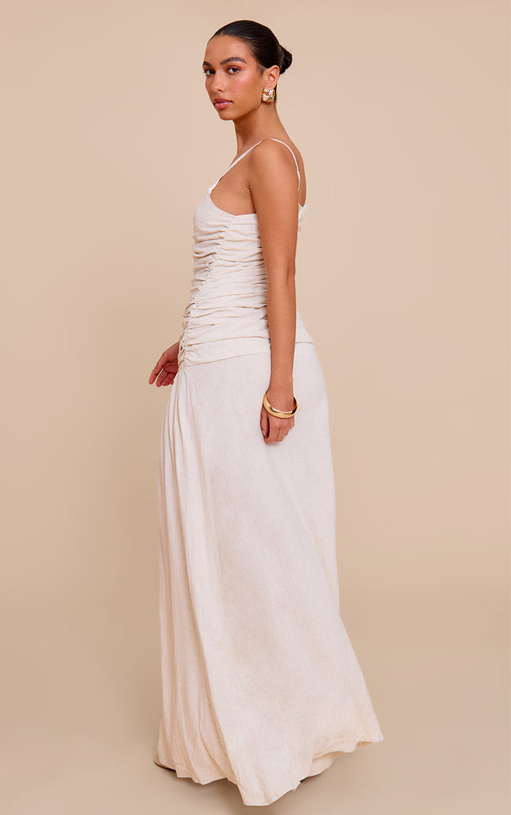 Natural Textured Linen Look Woven Ruched Detail Dropped Hem Maxi Dress