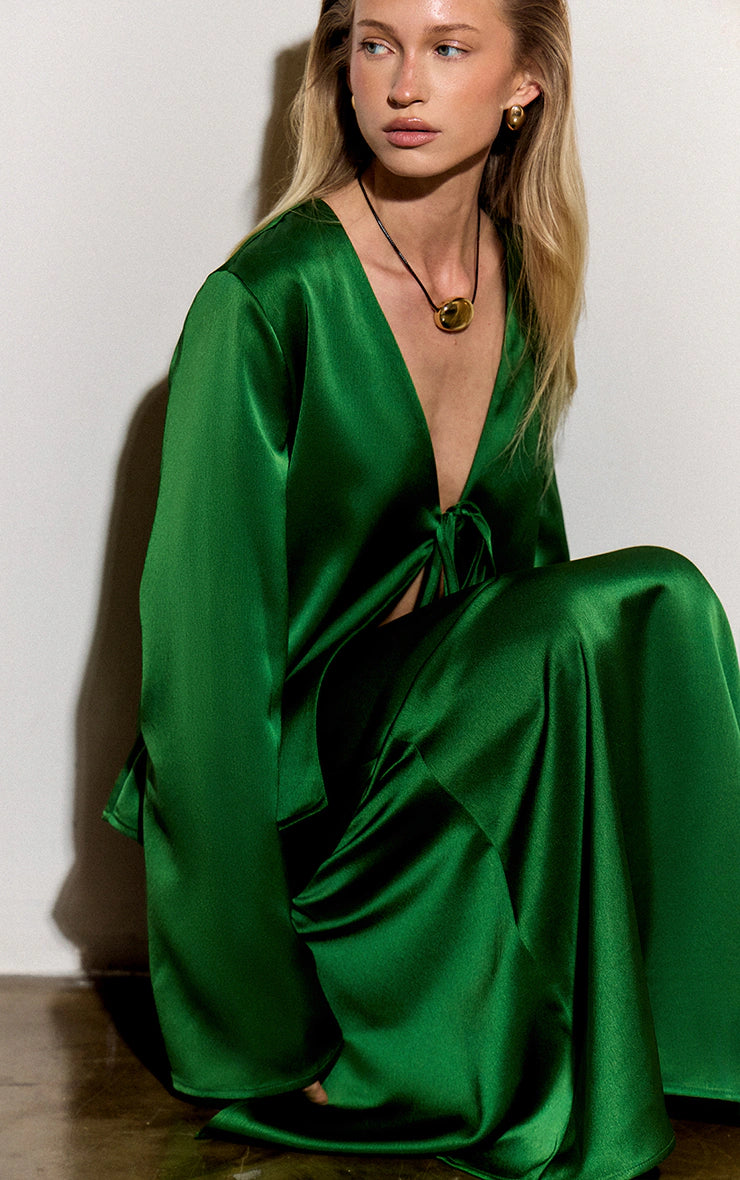 Green Satin Fishtail Midaxi Skirt