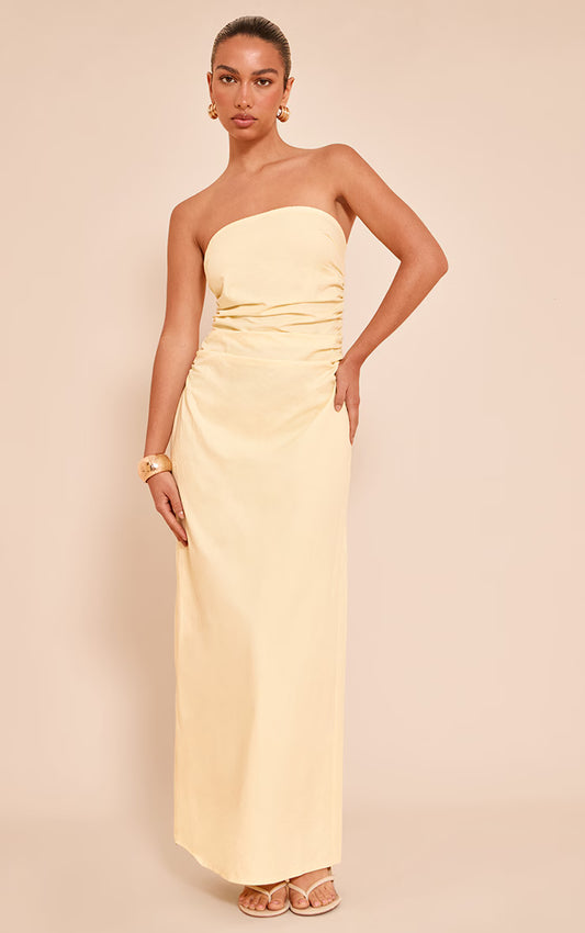 Lemon Bandeau Ruched Midaxi Dress