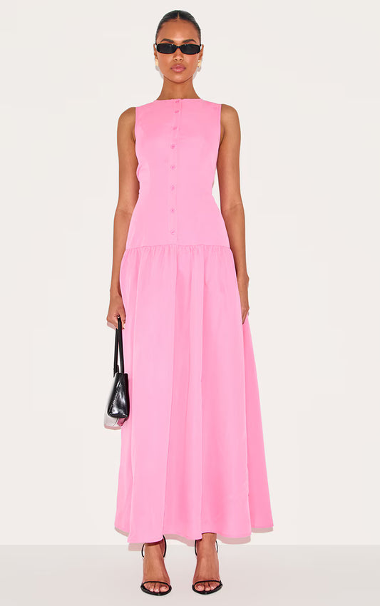 Candy Pink Button Down Drop Waist Maxi Dress