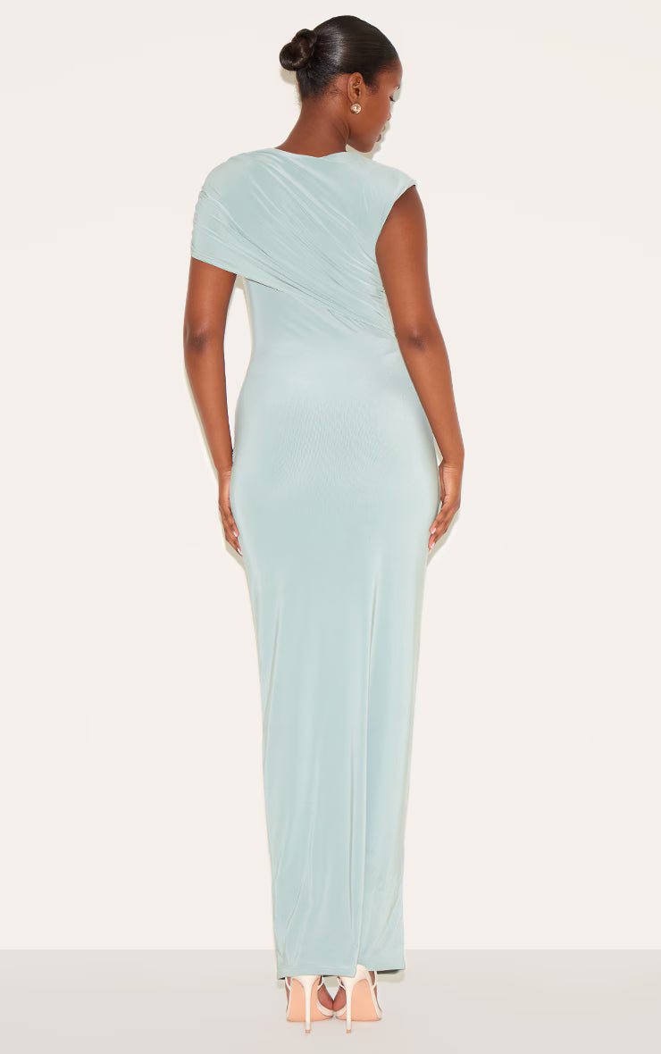 Sage Double Layer Slinky Off Shoulder Drape Maxi Dress