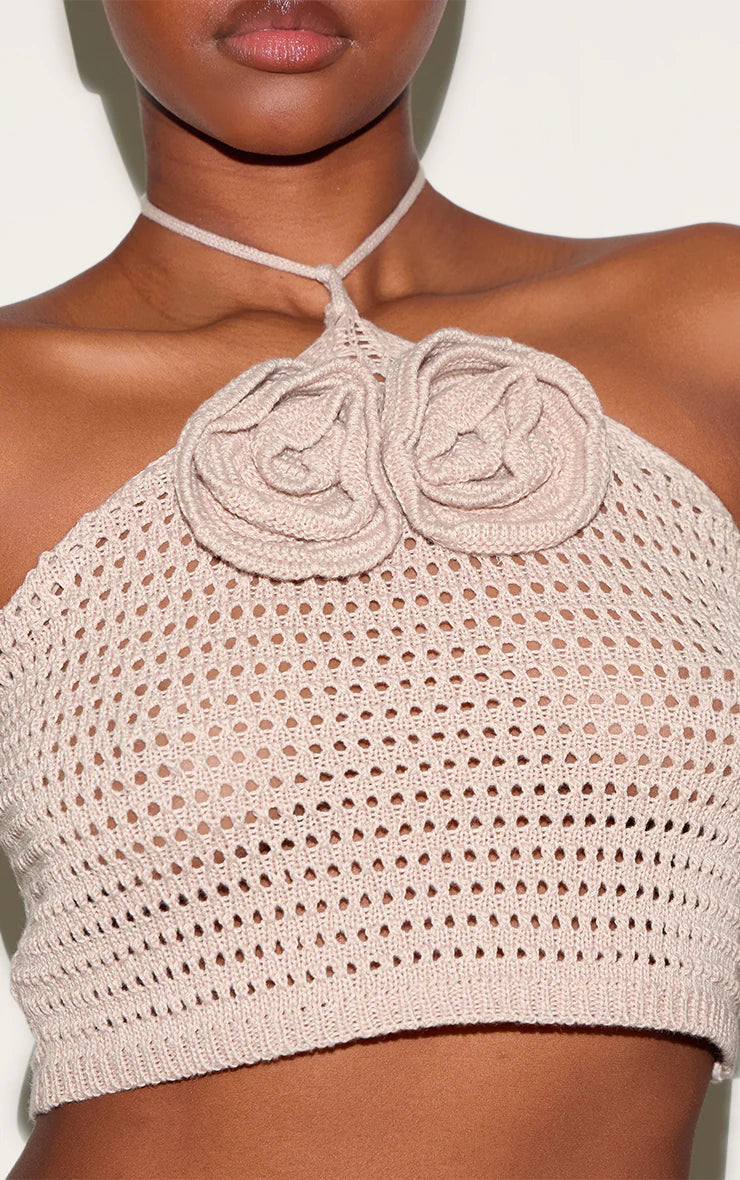 Taupe Tie Neck Flower Applique Top