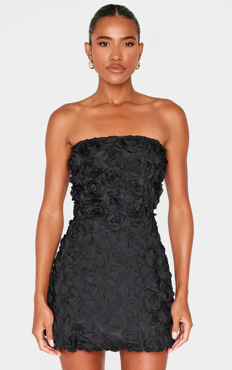 Black Floral Ruffle A-line Dress