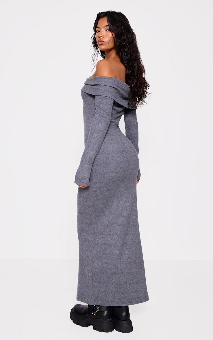 Charcoal Heavy Brushed Rib Bardot Trim Maxi Dress