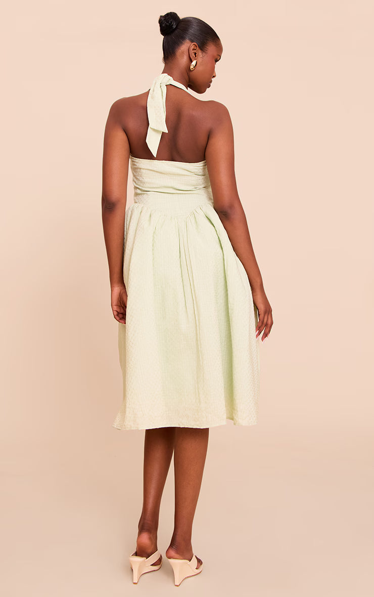 Sage Embroidered Cotton Halterneck Midaxi Dress