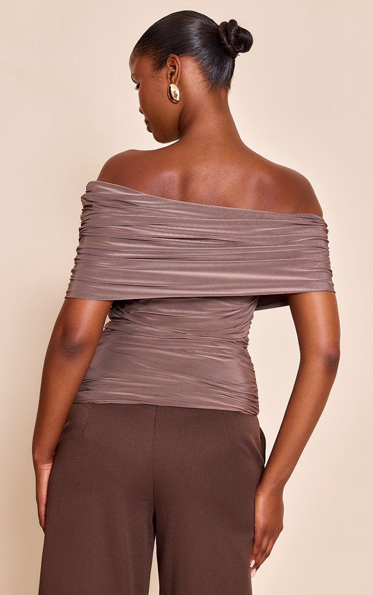 Mushroom Double Layer Slinky Ruched Bardot Long Top