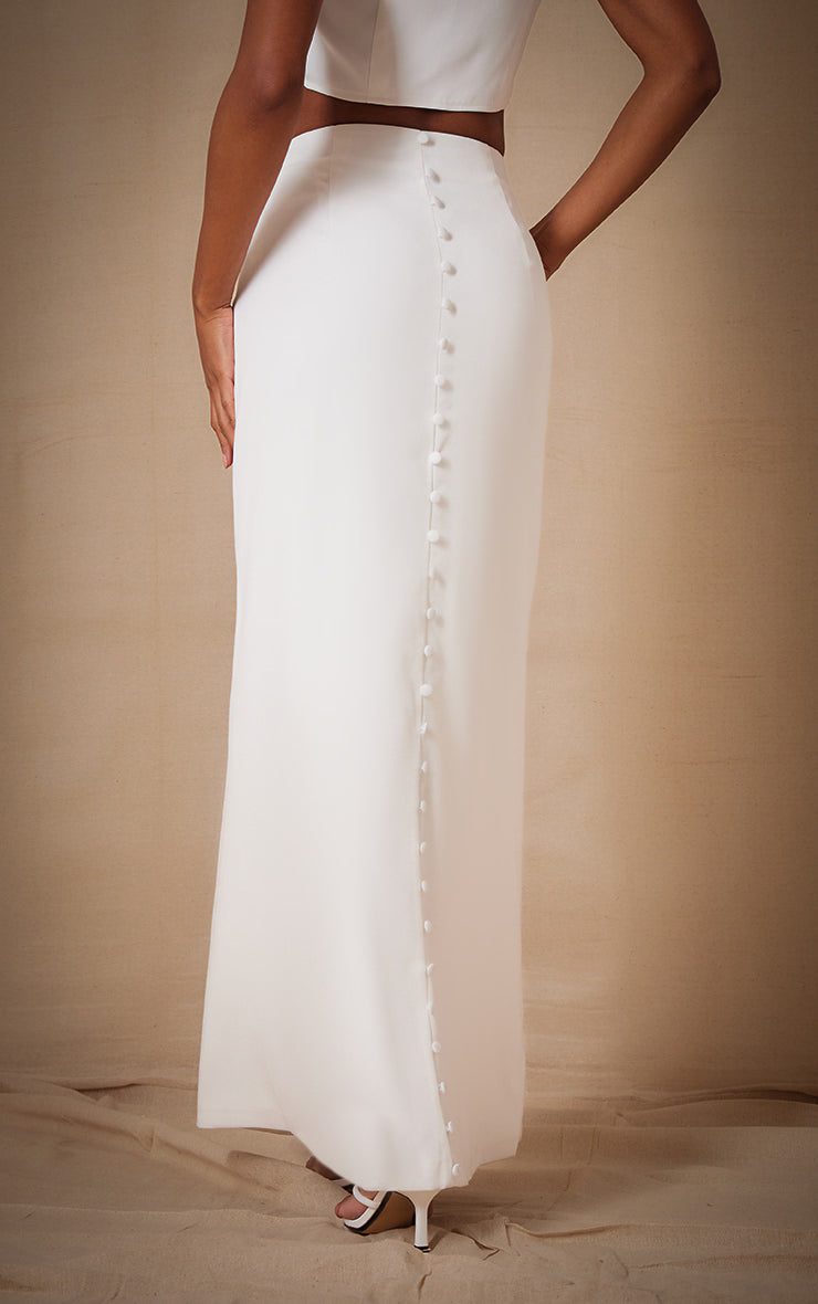 Premium White Woven Button Detail Maxi Skirt