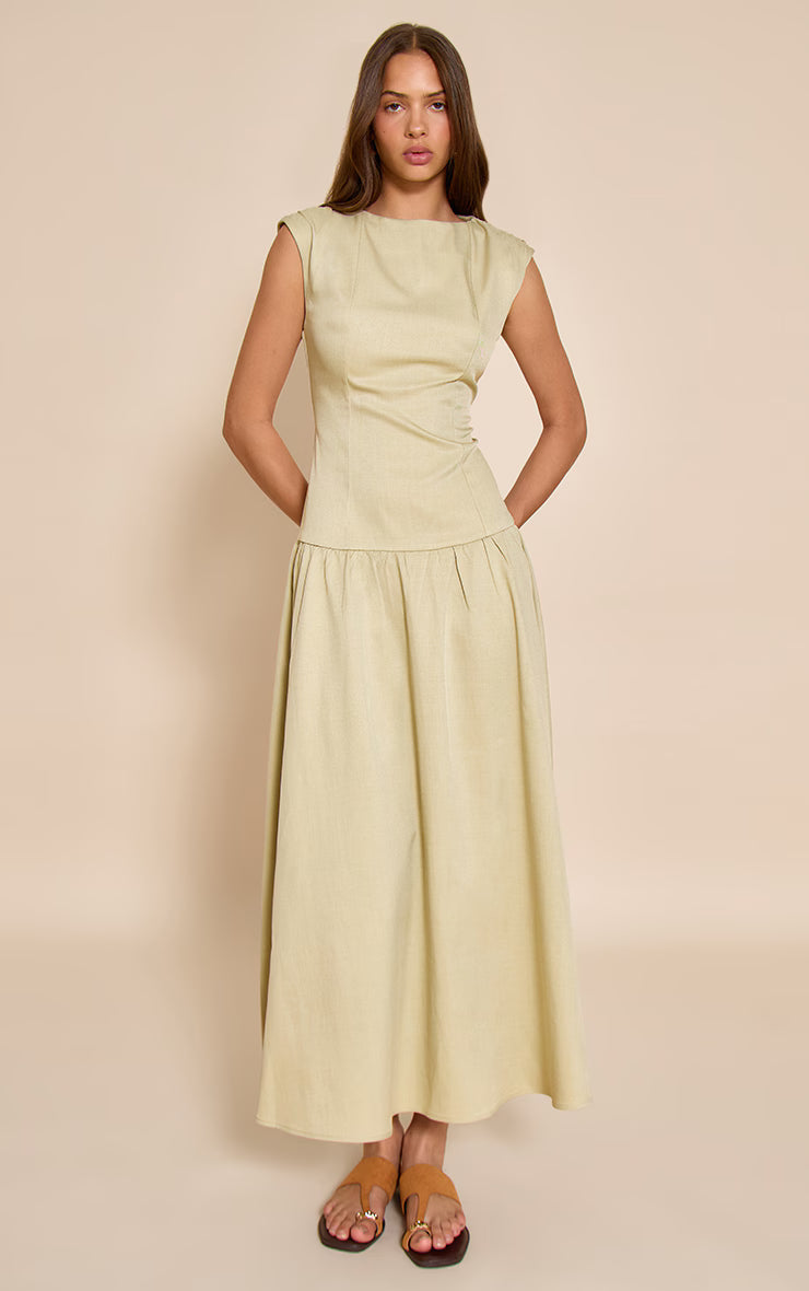 Sage Woven Boat Neck Dropped Waist Maxi Dress