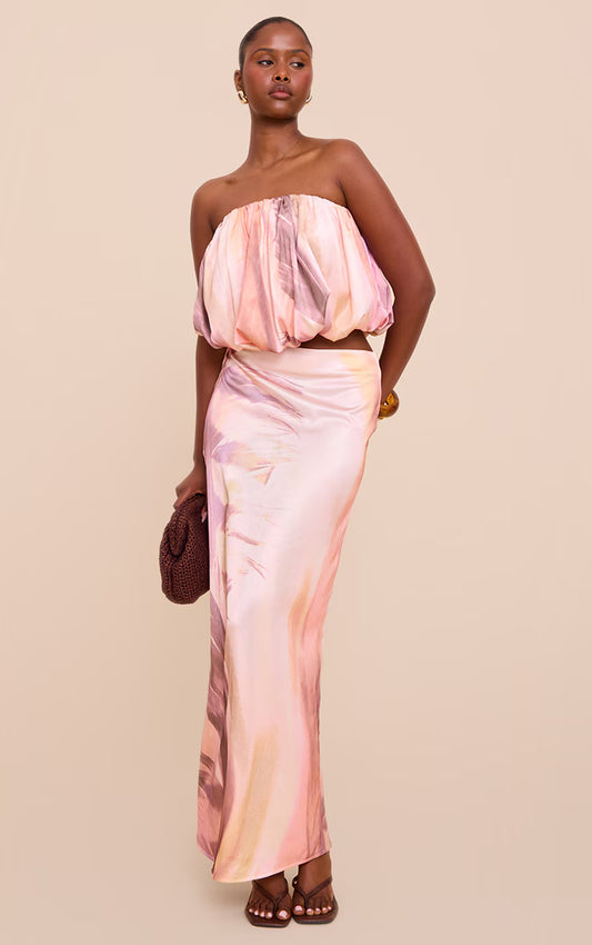 Multi Abstract Print Satin Mid Rise Maxi Skirt