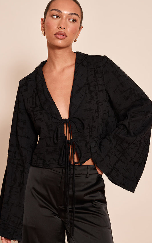 Black Textured Lightweight Woven Tie Front Shirt