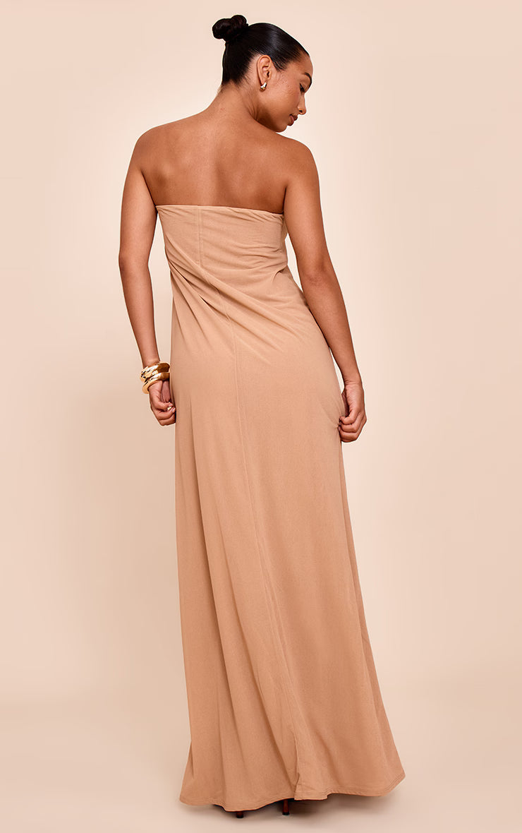 Beige Floral Printed Double Layered Bandeau Colum Dress