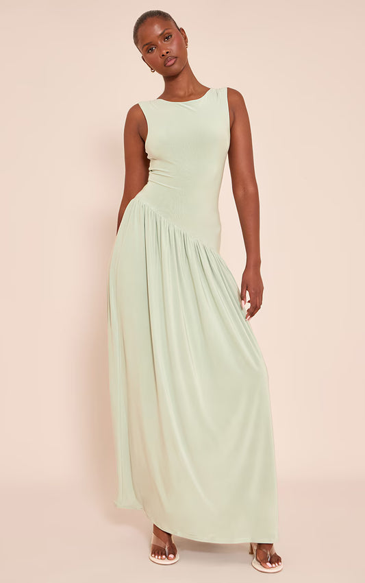 Sage Double Layer Soft Touch Asymmetric Dropped Waist Maxi Dress