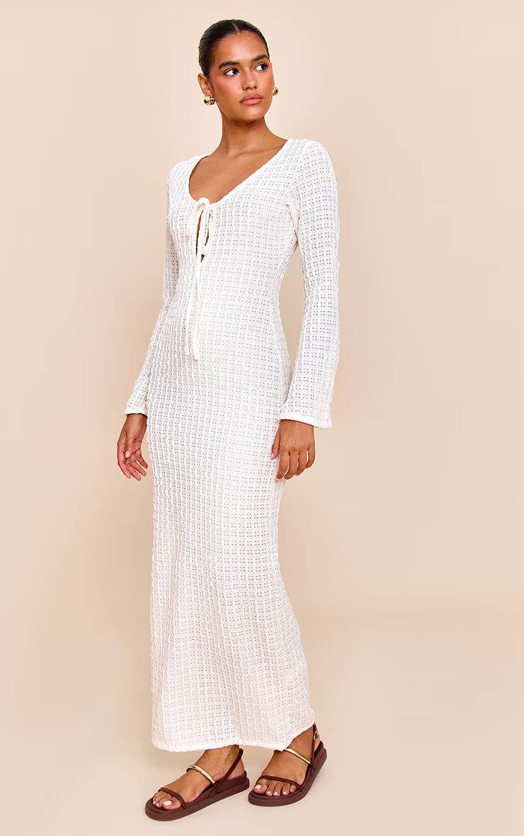 Cream Textured Keyhole Tie Detail Long Sleeve Bodycon Dress