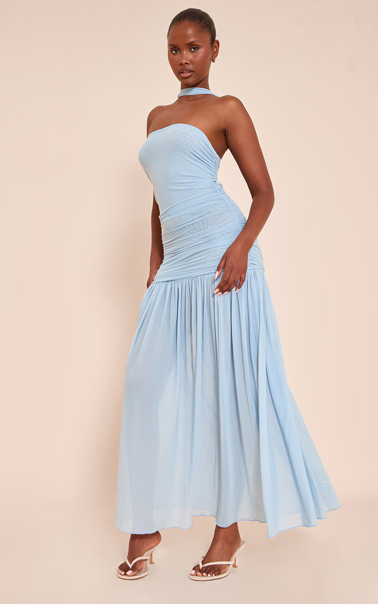 Light Blue Ruched Scarf Dropped Waist Maxi Dress