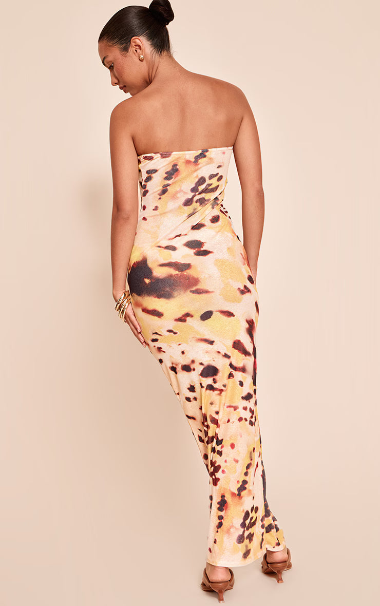 Yellow Abstract Printed Onion Skin Bandeau Maxi Dress