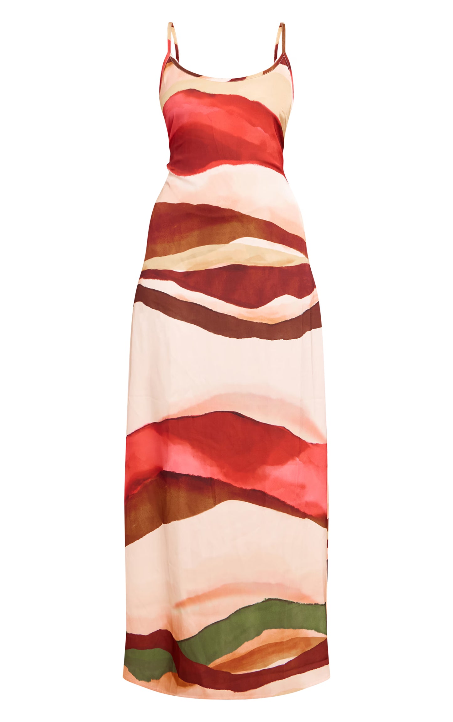 Cream Abstract Satin Scoop Neck Spaghetti Strap Maxi Dress