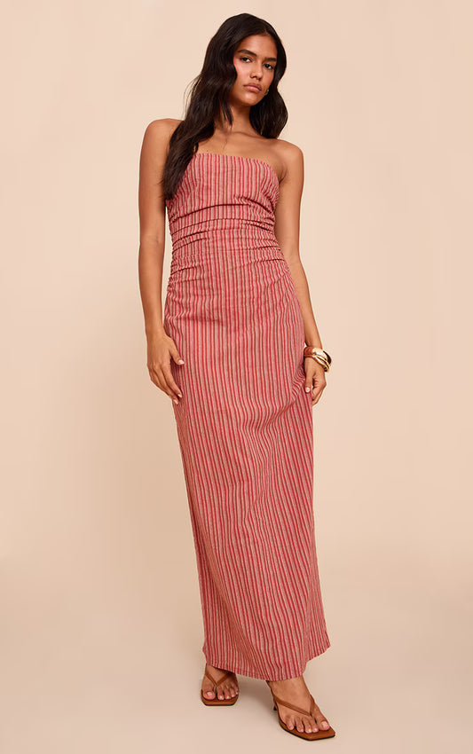 Rust Striped Bandeau Ruched Shift Dress