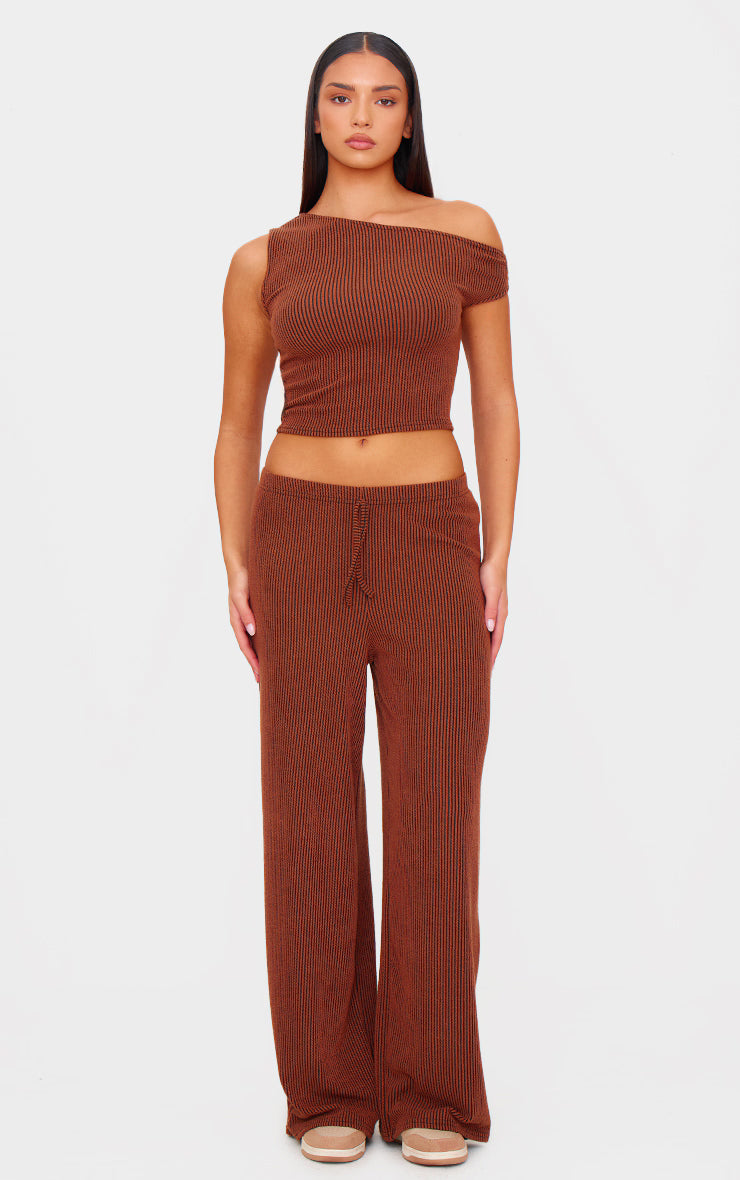 Chocolate Brown Two Tone Crinkle Rib Off Shoulder Top