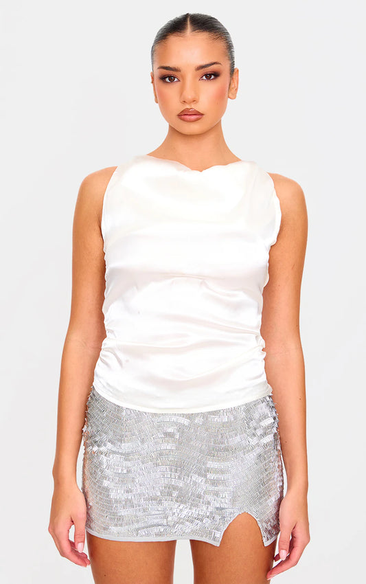 Butter Cream Satin Cowl Neck Long Top