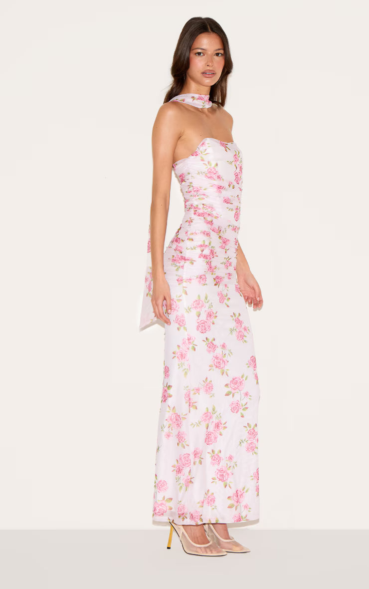 Pink Floral Scarf Detail Ruched Maxi Dress