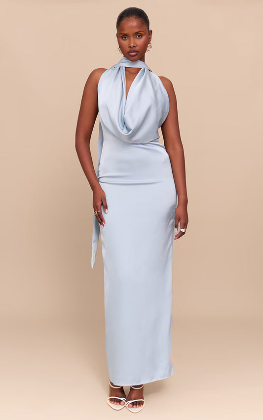 Baby Blue Satin Cowl Neck Drape Maxi Dress