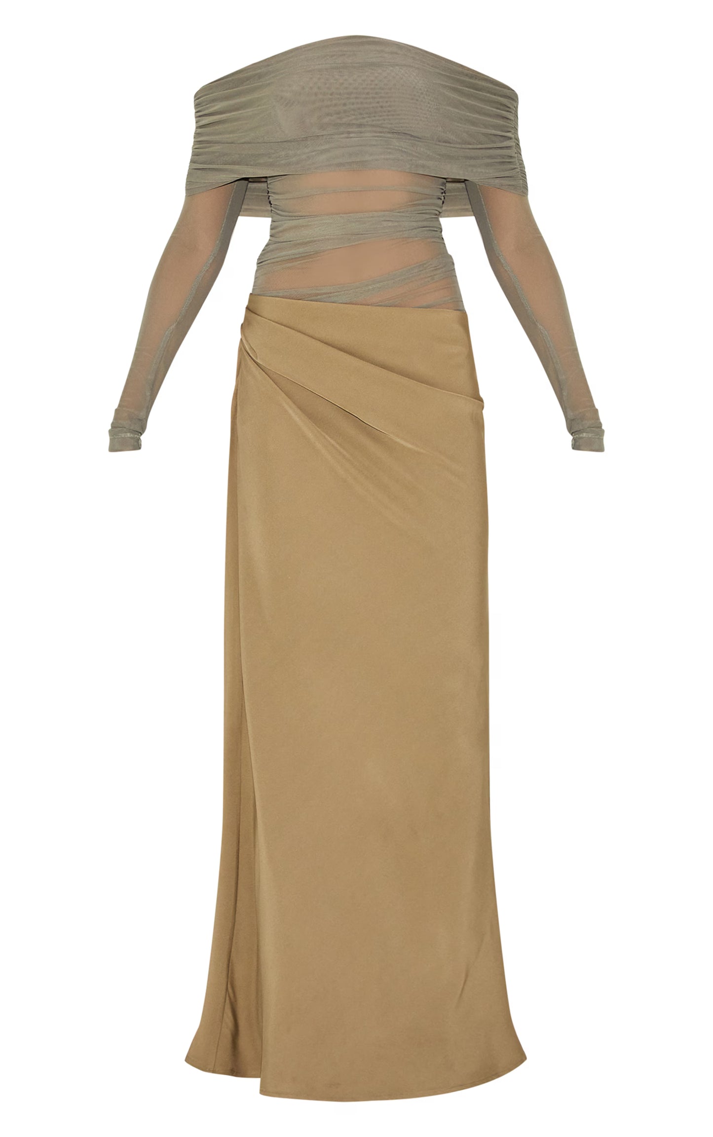 Olive Satin Mesh Detail Bardot Maxi Dress