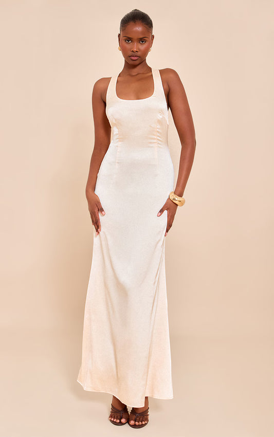Natural Satin Cross Back Midaxi Dress