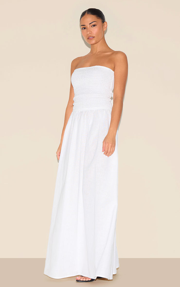 Petite White Bandeau Shirred Detail Maxi Dress