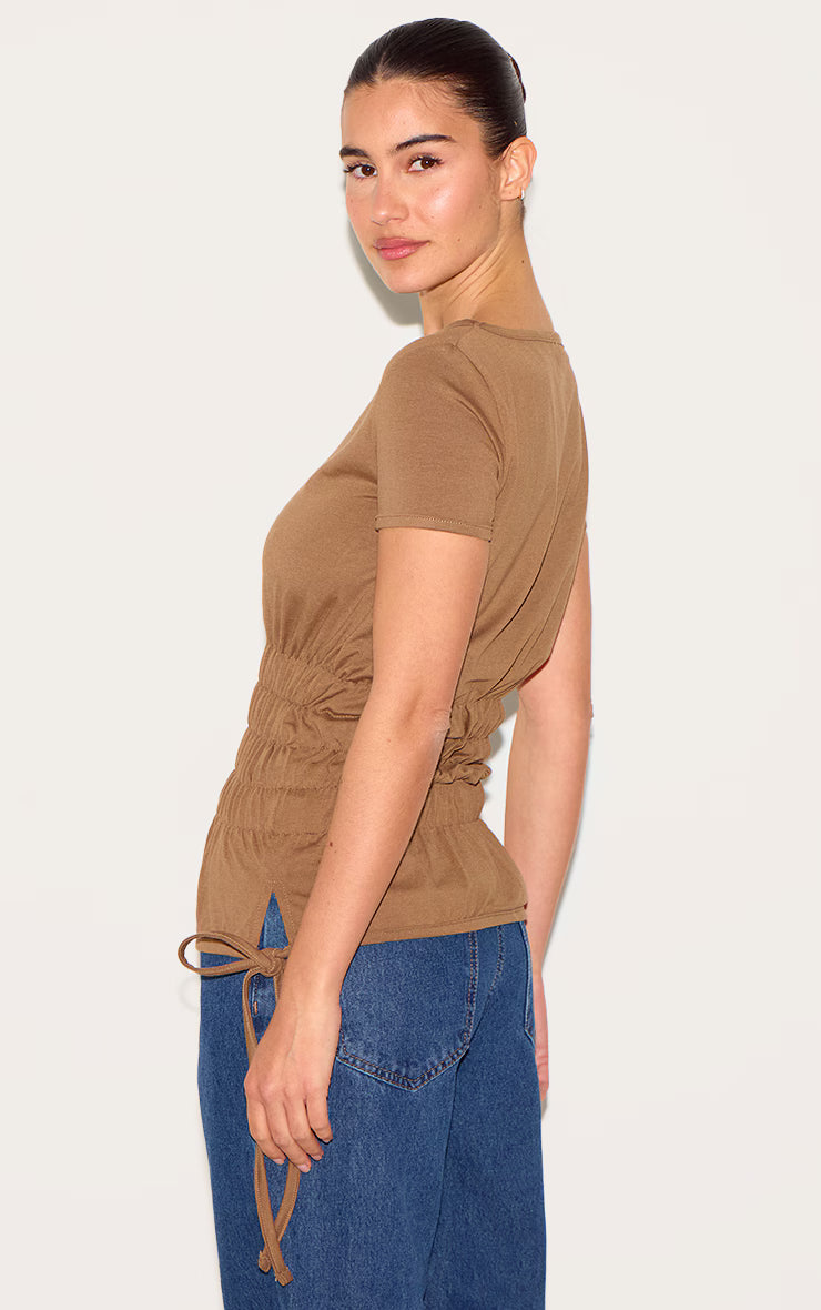 Mushroom Shirred Cap Sleeve T-shirt