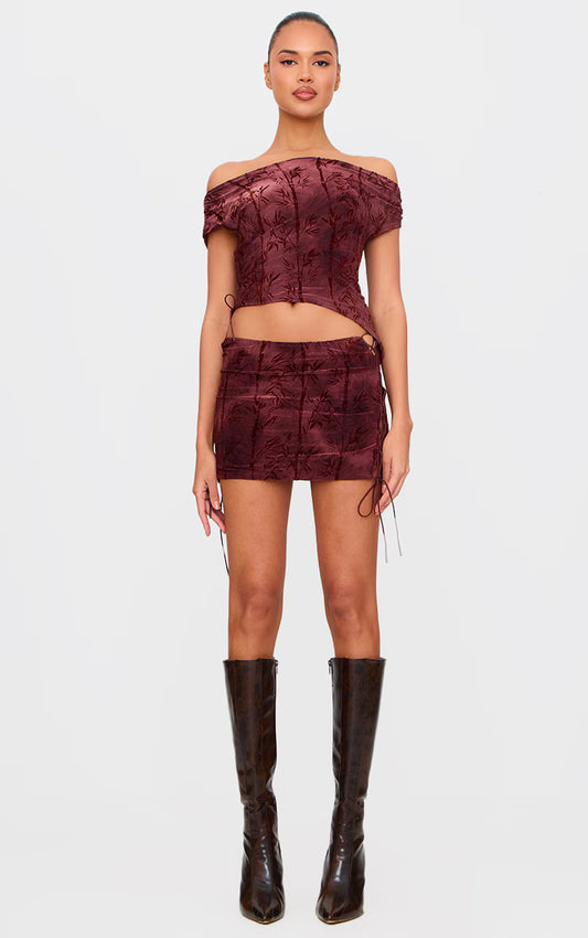 Burgundy Devore Tie Detail Micro Mini Skirt