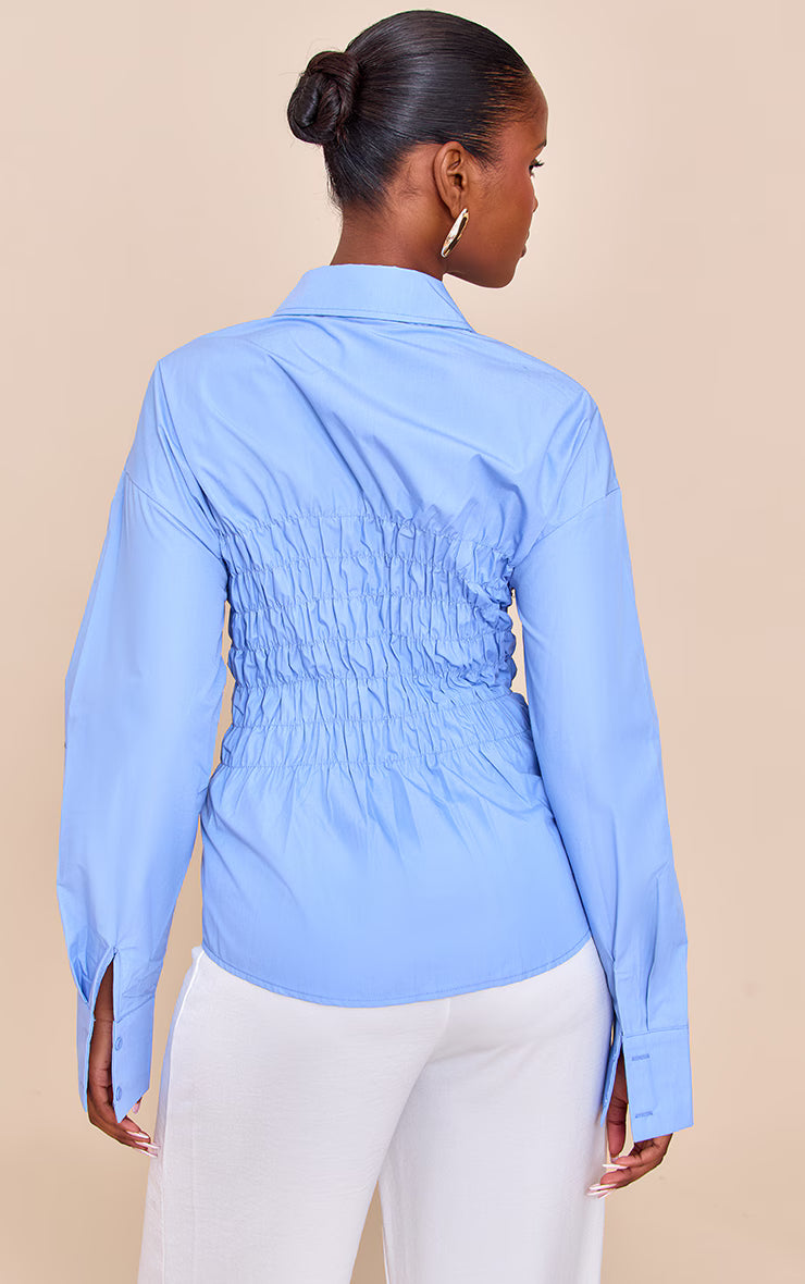 Blue Shirred Fitted Shirt