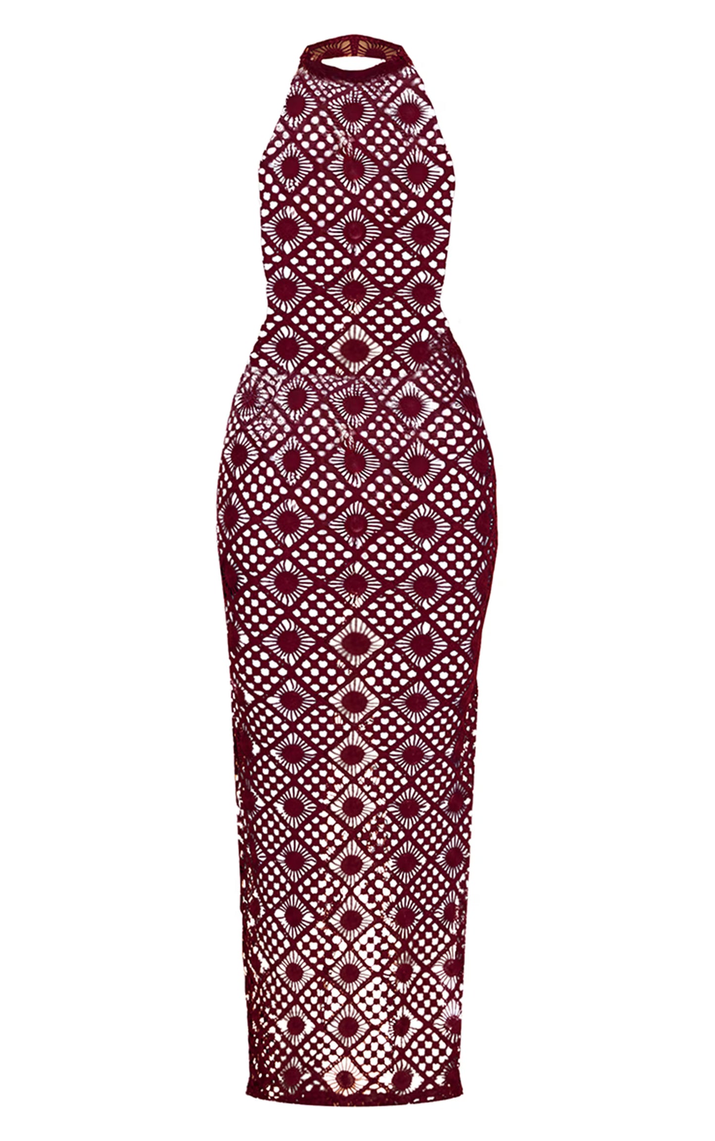 PLT Label Dark Red Crochet High Neck Open Back Maxi Dress
