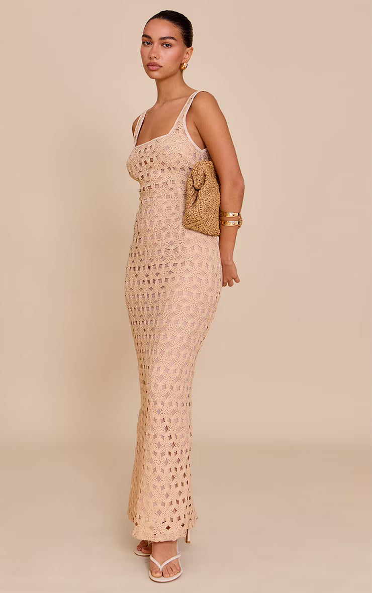 Stone Floral Textured Scoop Neck Maxi Dress