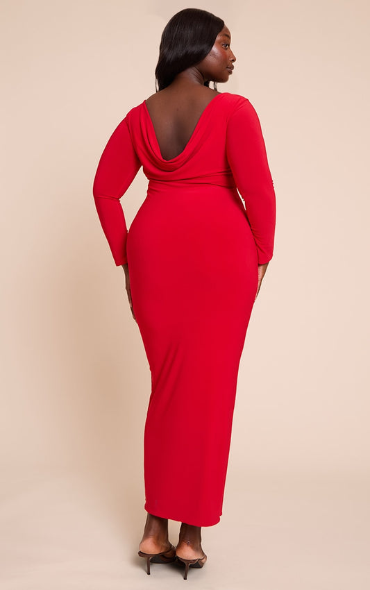 Plus Deep Red Scoop Back Detail Long Sleeve Maxi Dress