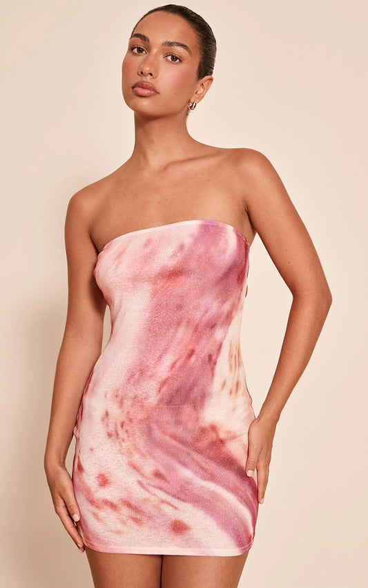 Pink Abstract Print Onion Skin Bandeau Mini Dress