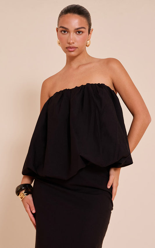 Black Ruched Longline Bandeau Top