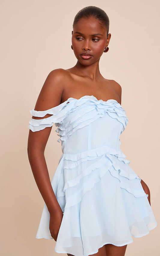 Baby Blue Bardot Frill Details Shift Dress