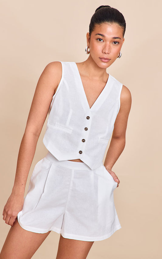 White Linen Look Boxy Detail Vest