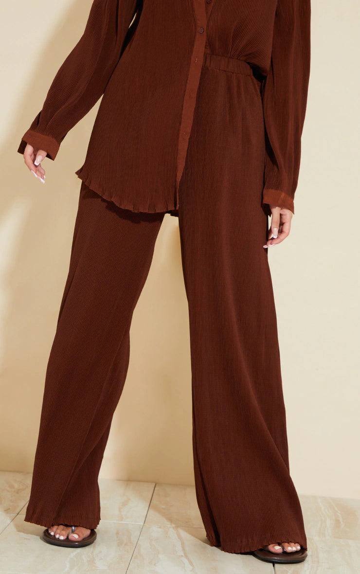 Chocolate Brown Plisse High Waisted Wide Leg Pants