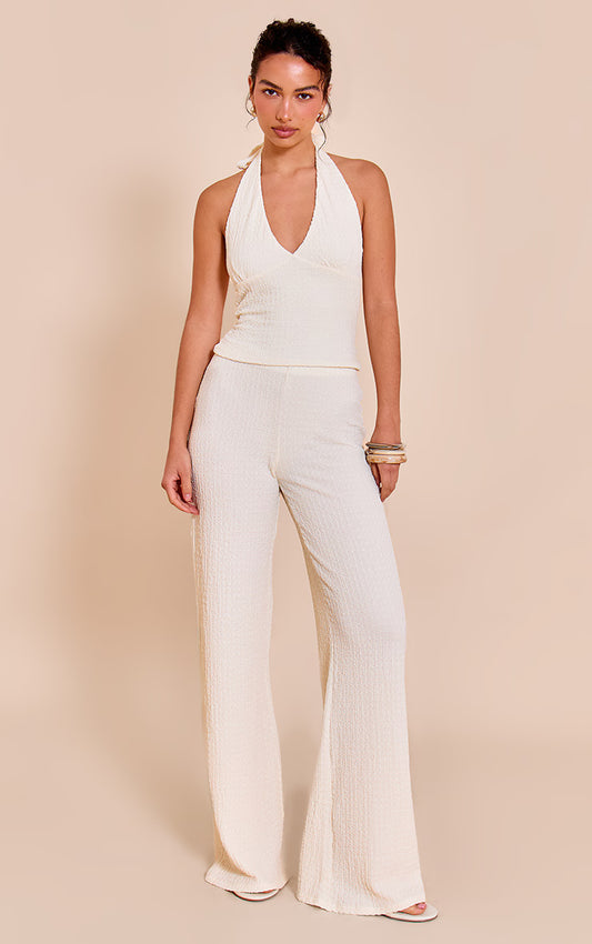 Cream Textured Drawstring Straight Leg Pant