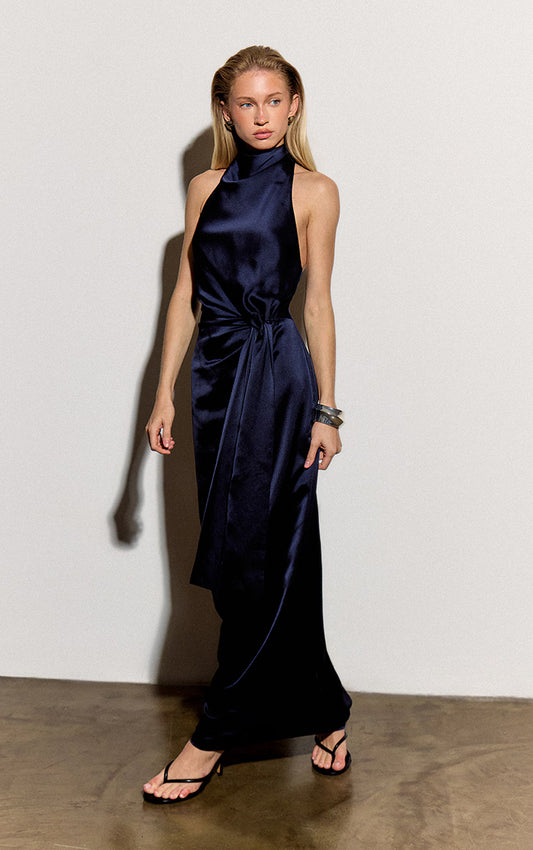 Navy Satin Tie Knot Drape Detail Maxi Dress
