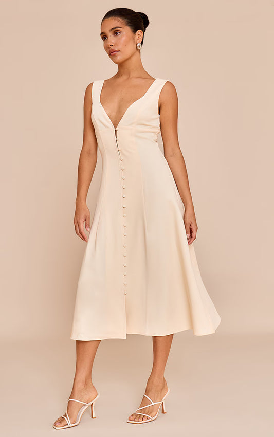 Petite Butter Cream Plunge Button Up Midi Dress