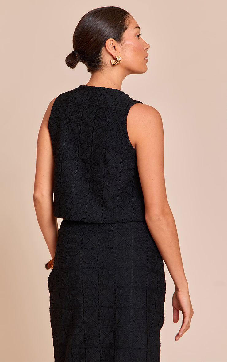 Petite Black Patterned Tie Up Front Top